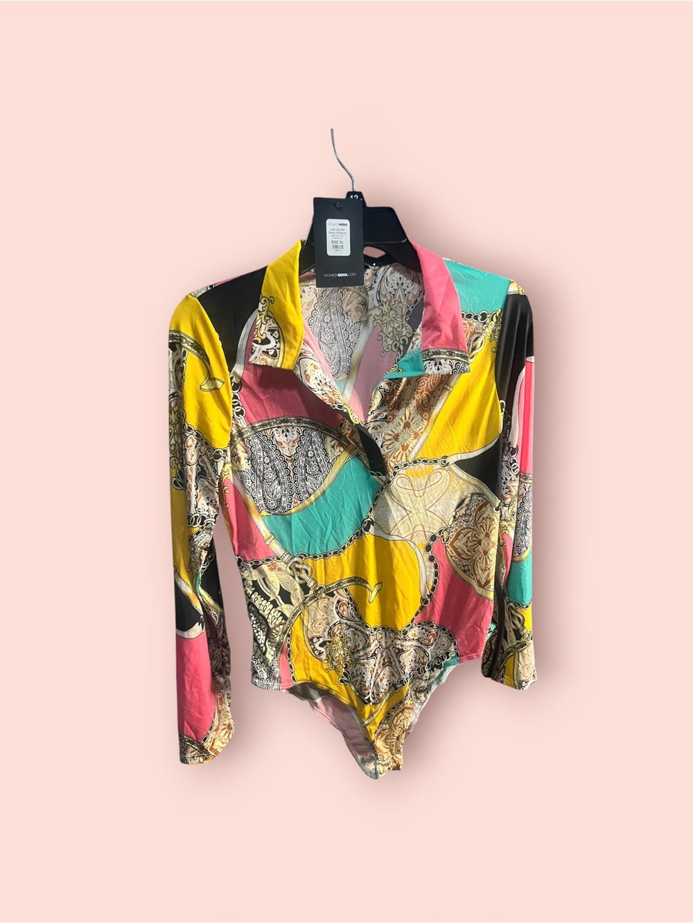 Fashion Nova Multicolor Printed Long-Sleeve Bodysuit
